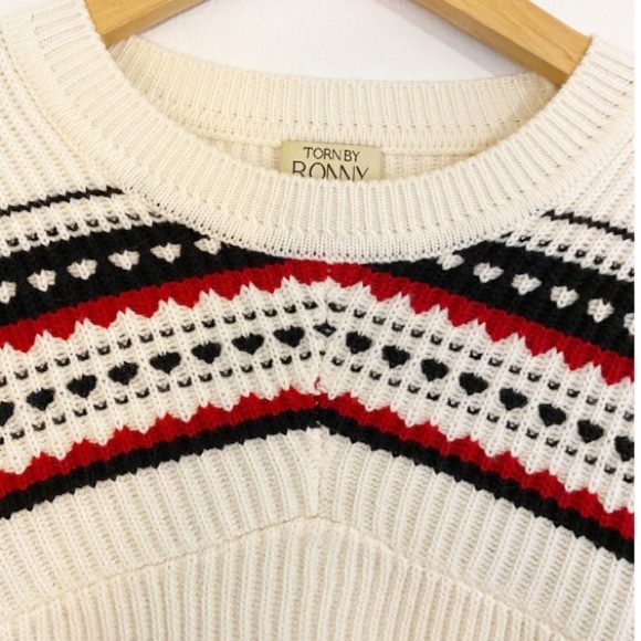 Torn by Ronny Kobo Crew Neck Cream Crop Sweater with Red and Black Design, XS - Picture 2 of 7